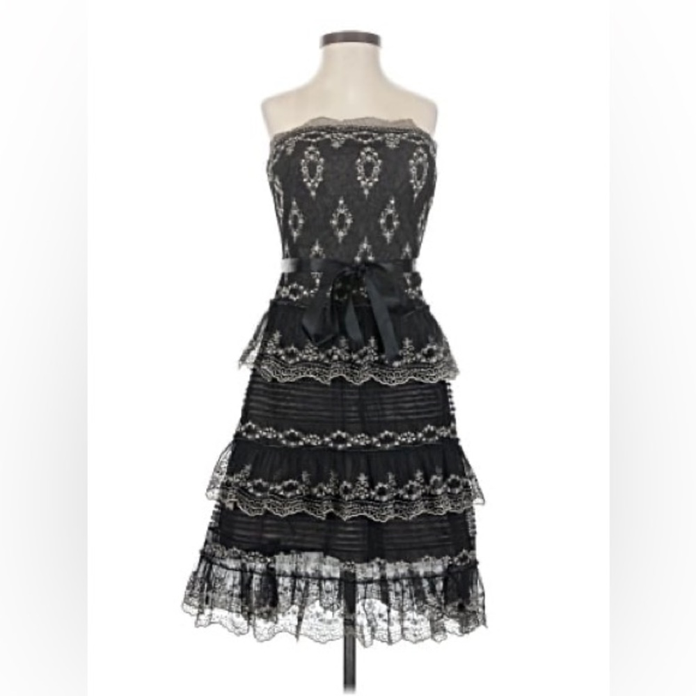 BCBGMaxAzria Black Strapless Lace Tiered Dress with Satin Waist Bow